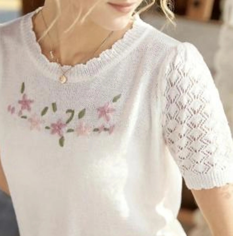 Vintage crochet floral white sweater short sleeve casual 80s style women’s sz M